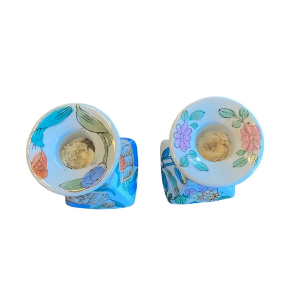 Vintage Chinoiserie & Floral Style Taper Candlestick Holders - set of 2